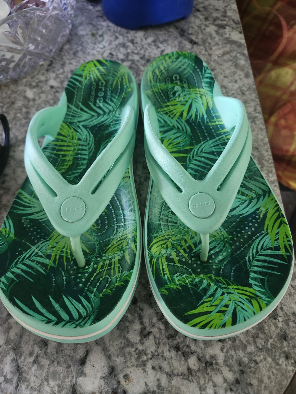 CROCS Mint Green Tropical Print Flip Sandals